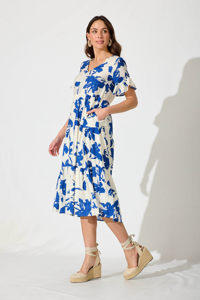 Kristen Midi Dress In Cream In Blue Floral Linen Blend - side