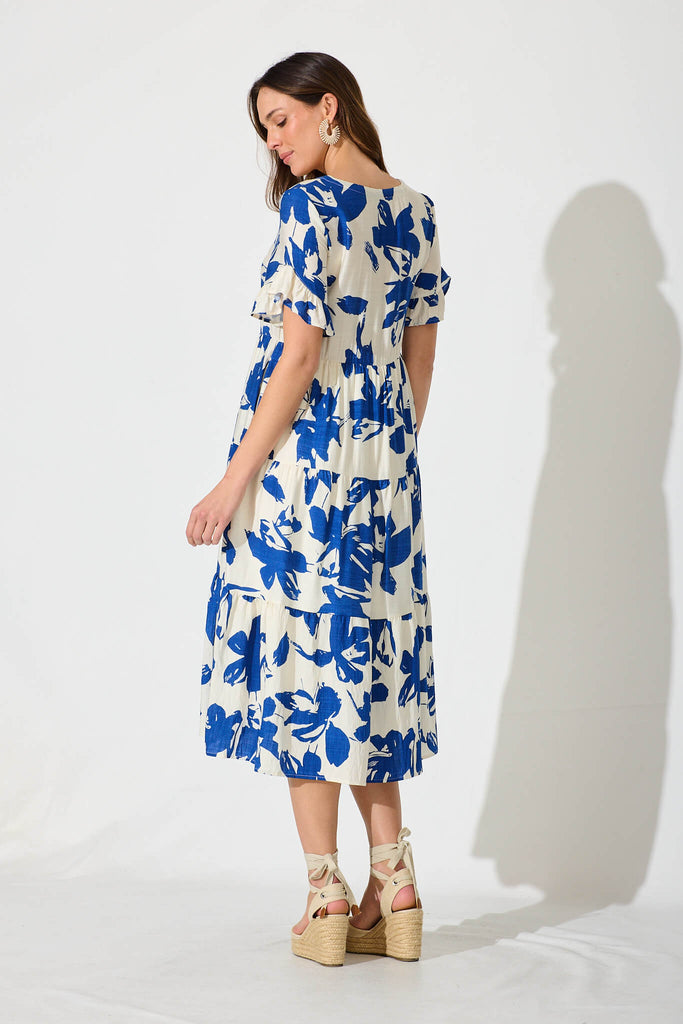 Kristen Midi Dress In Cream In Blue Floral Linen Blend - back