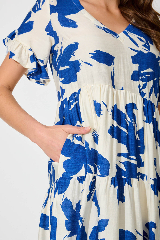 Kristen Midi Dress In Cream In Blue Floral Linen Blend - detail