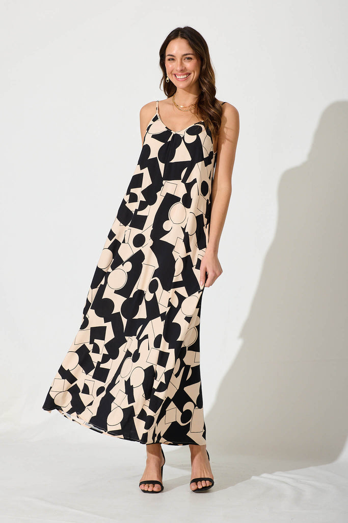 No Scrubs Maxi Dress In Cream With Black Geometric Print - full length