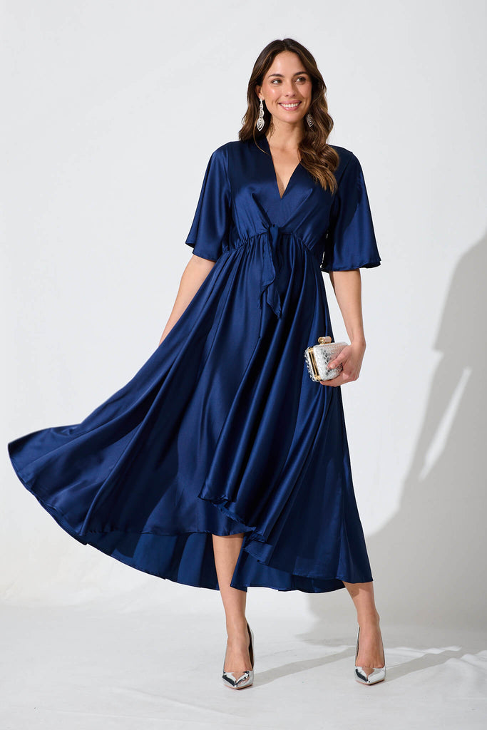 Helsinki Maxi Dress In Navy Satin - full length