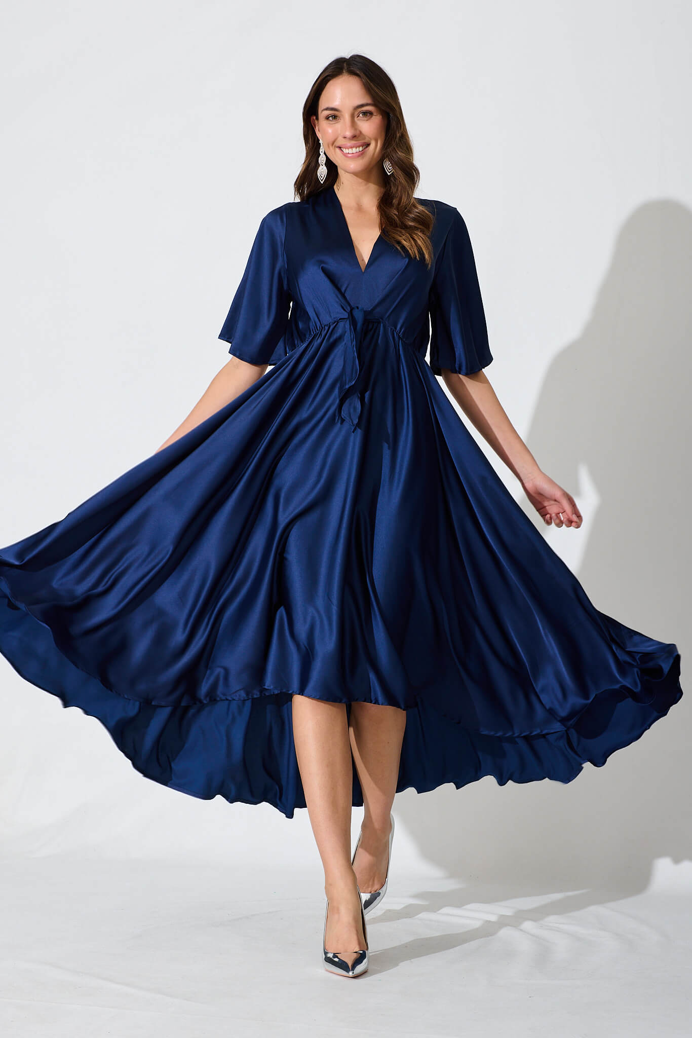 Helsinki Maxi Dress In Navy Satin - full length