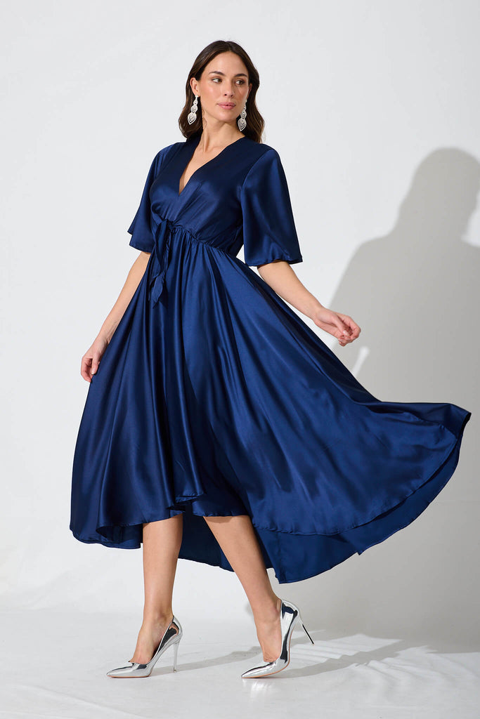 Helsinki Maxi Dress In Navy Satin - side