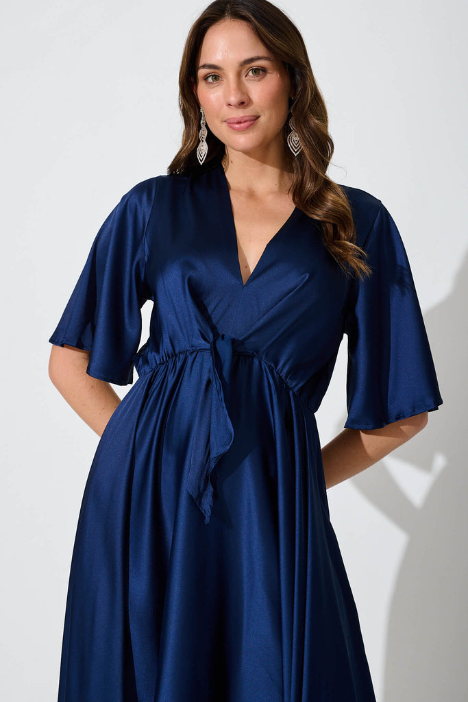 Helsinki Maxi Dress In Navy Satin - front