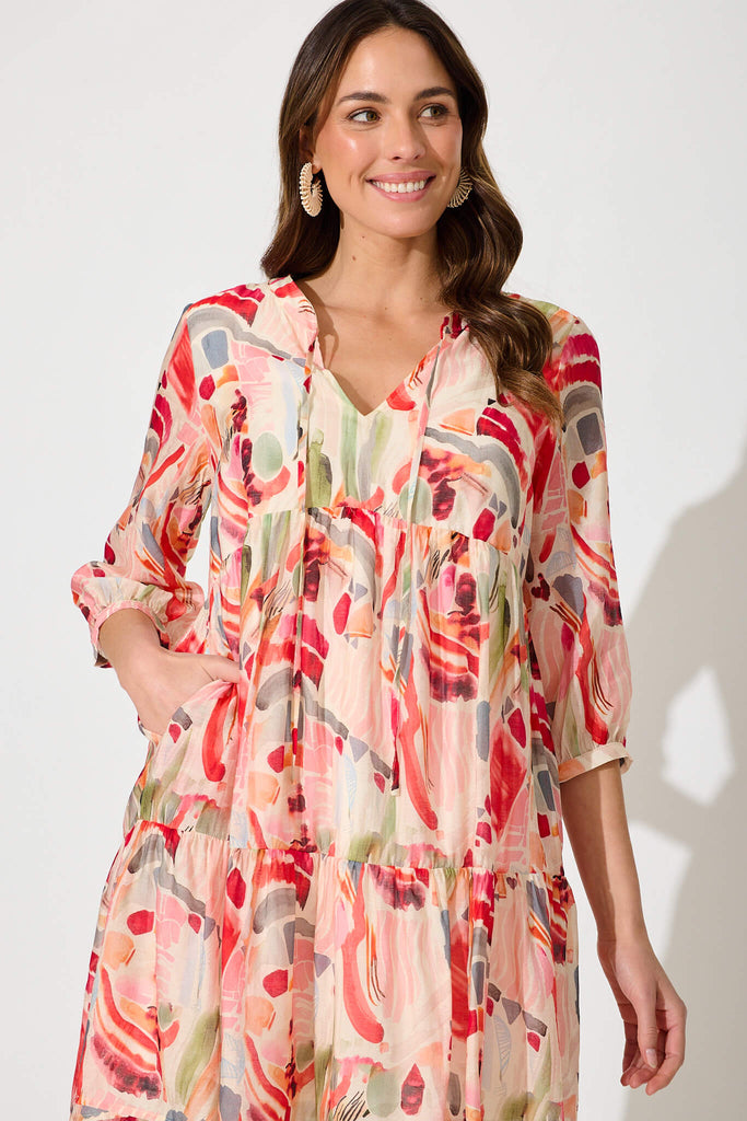 Neesa Smock Dress In Bright Multi Cotton Blend - front