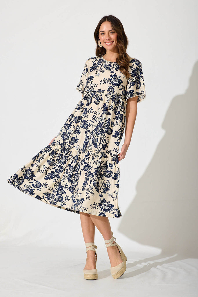 Lana Midi Smock Dress In Cream With Navy Floral - full length