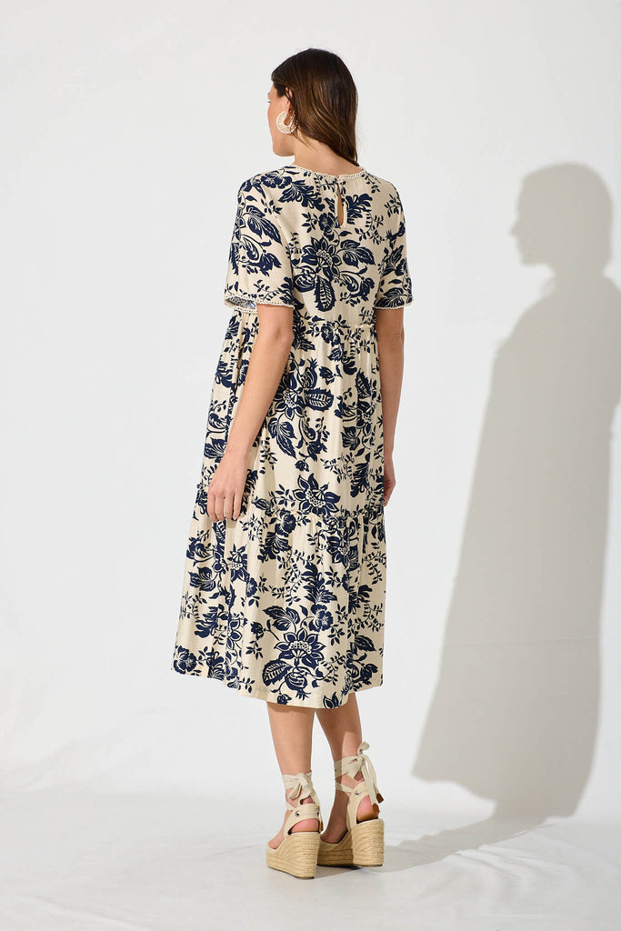 Lana Midi Smock Dress In Cream With Navy Floral - back