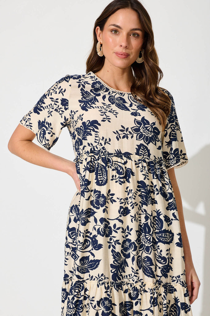 Lana Midi Smock Dress In Cream With Navy Floral - front