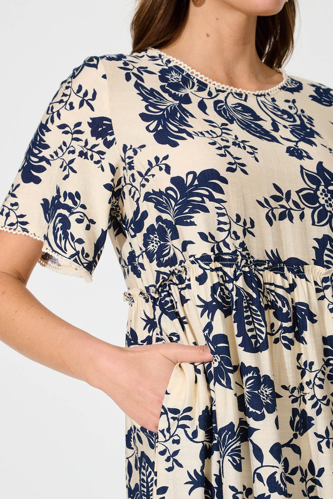 Lana Midi Smock Dress In Cream With Navy Floral - detail