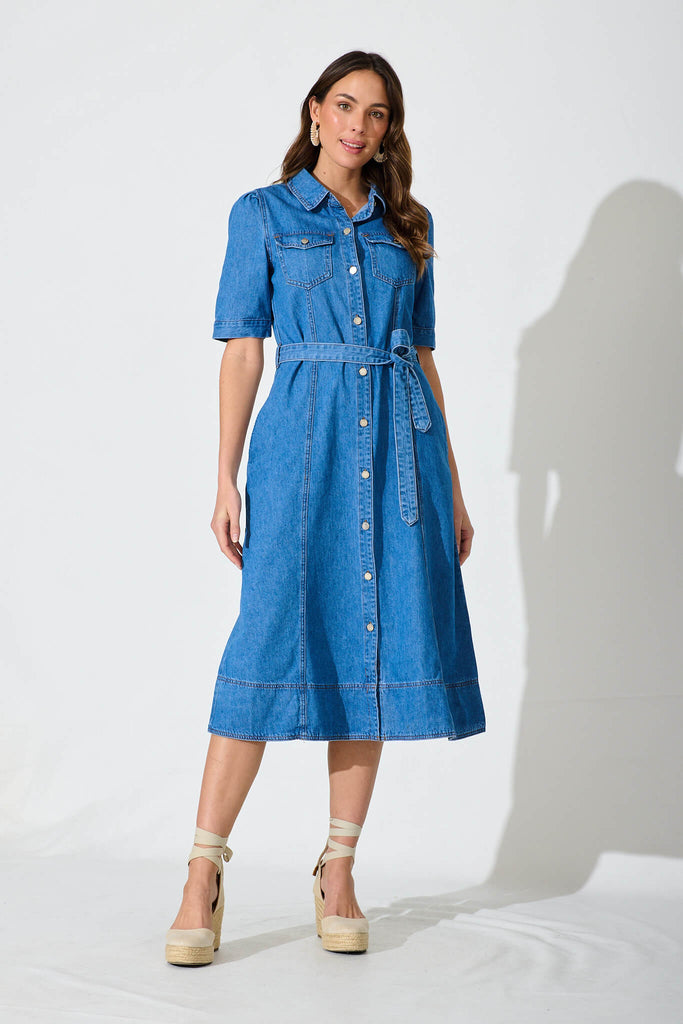 Loveland Midi Dress In Mid Blue Denim - full length