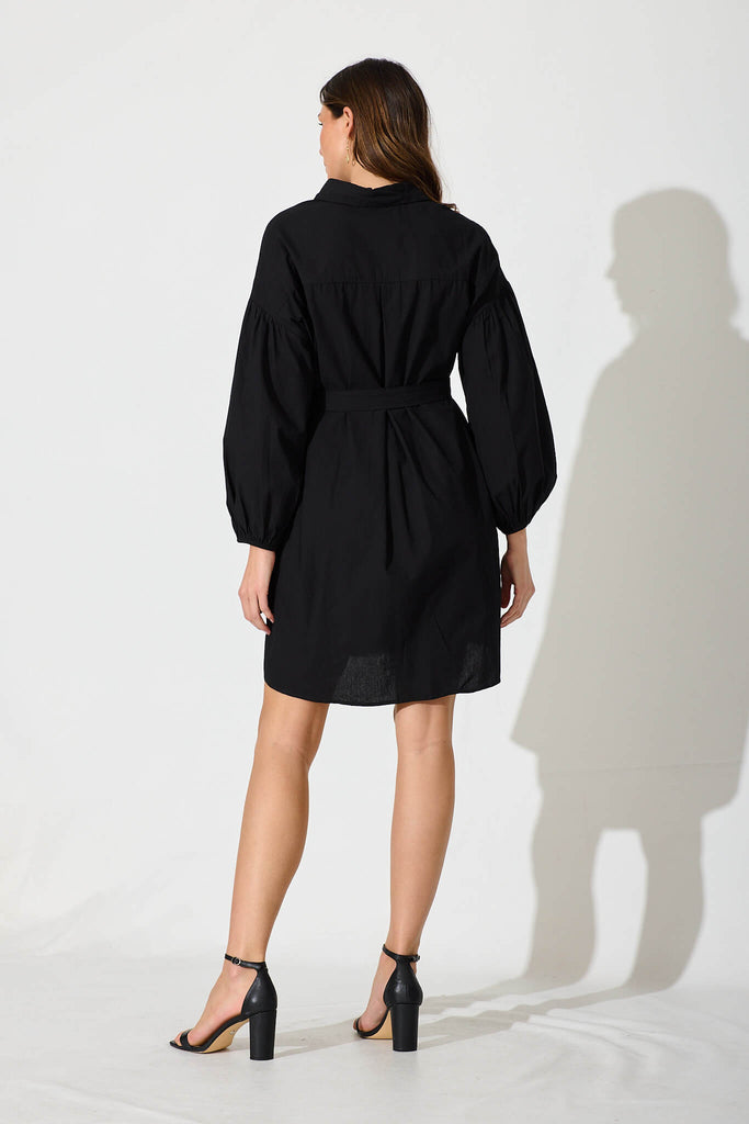 Lainey Shirt Dress In Black Cotton With Ric Rac Trim - back