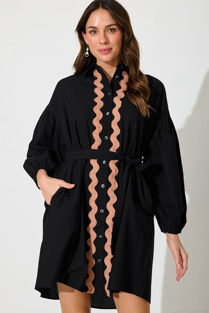 Lainey Shirt Dress In Black Cotton With Ric Rac Trim - front