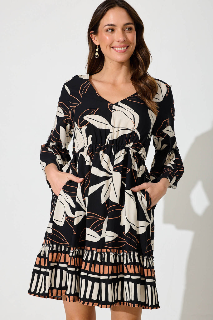 Clarice Dress In Black With Cream Floral Print - front