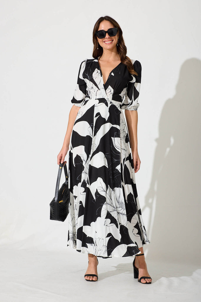 Ronda Maxi Wrap Dress In Black With White Floral - detail