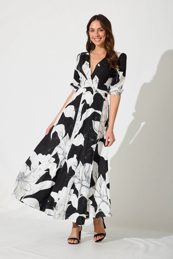 Ronda Maxi Wrap Dress In Black With White Floral - full length