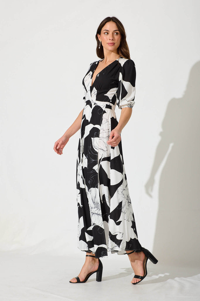 Ronda Maxi Wrap Dress In Black With White Floral - side