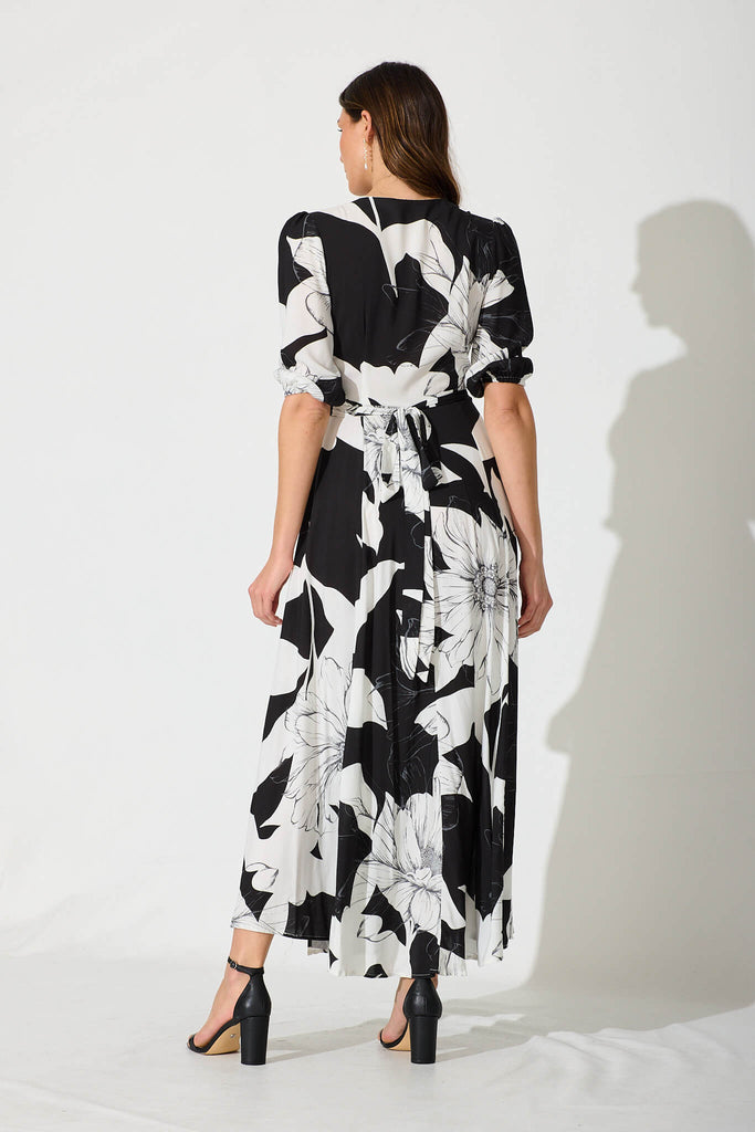 Ronda Maxi Wrap Dress In Black With White Floral - back