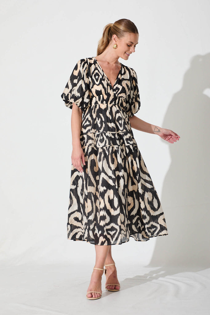 Amalie Midi Dress In Black With Cream Abstract - full length