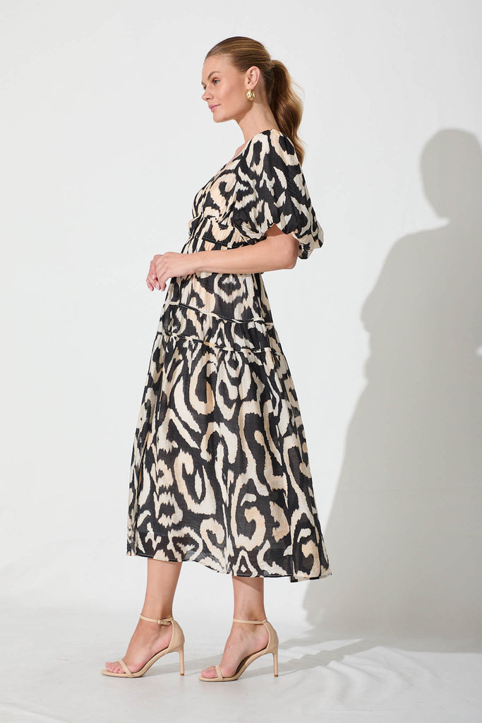 Amalie Midi Dress In Black With Cream Abstract - side