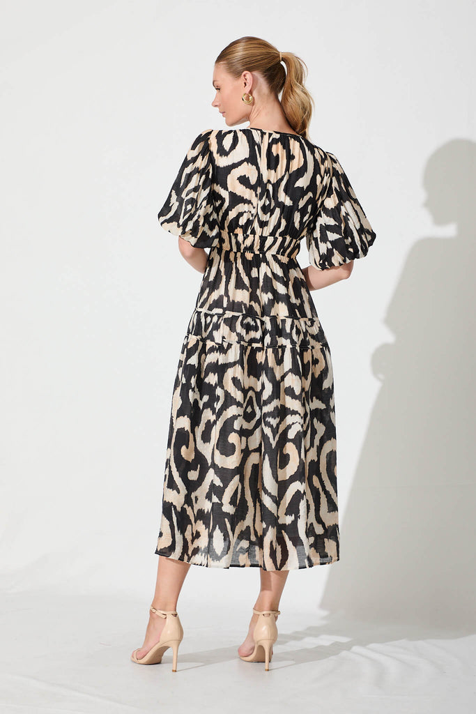 Amalie Midi Dress In Black With Cream Abstract - back