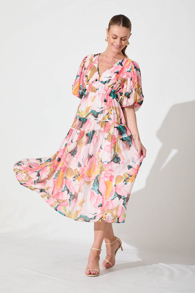 Amalie Midi Dress In Pink And Multi Floral - full length