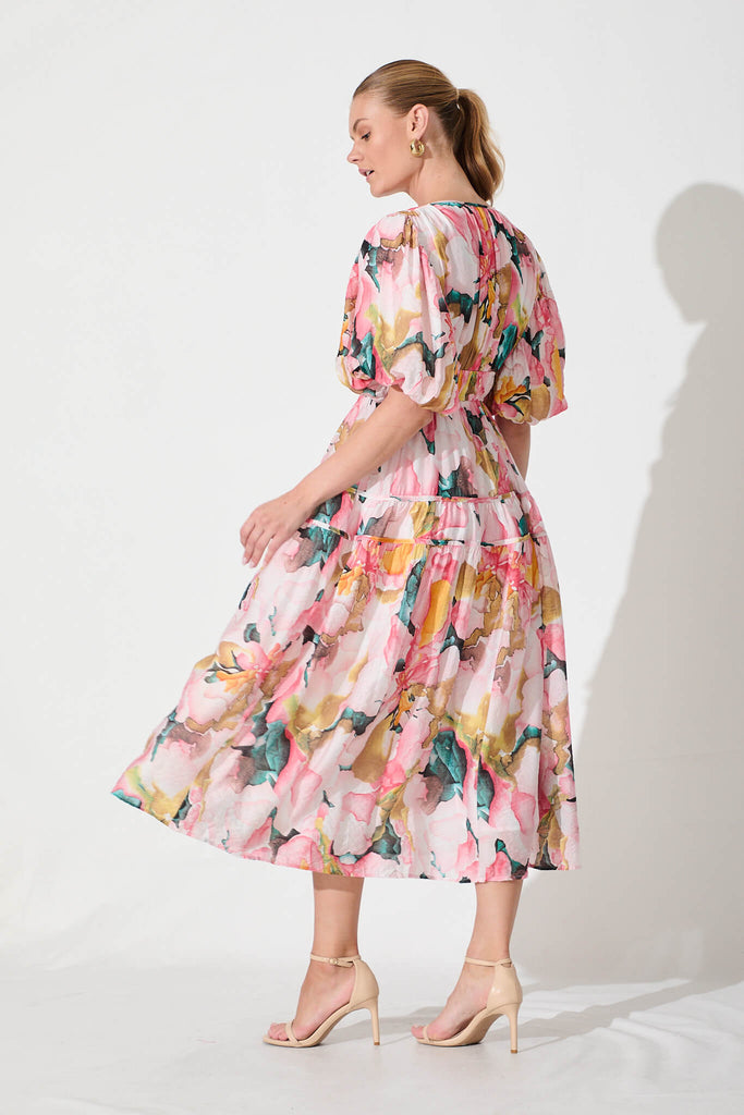 Amalie Midi Dress In Pink And Multi Floral - back