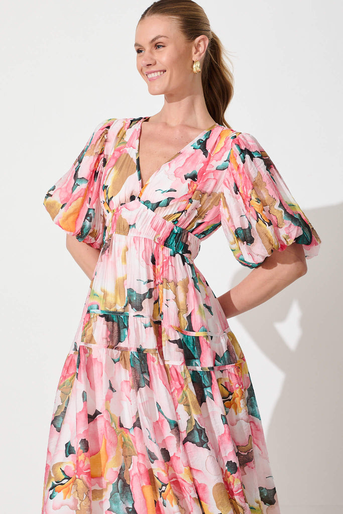 Amalie Midi Dress In Pink And Multi Floral - front