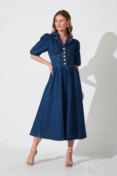 Roselyn Maxi Dress In Dark Blue Denim St Frock