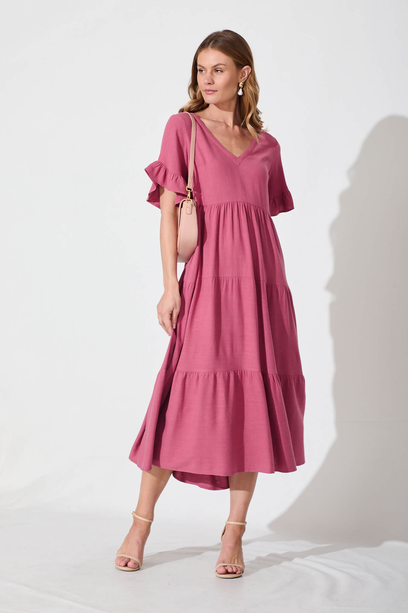 Kristen Midi Dress In Deep Rose Linen Blend - full length