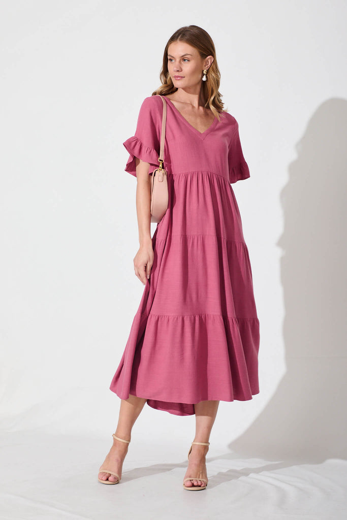 Kristen Midi Dress In Deep Rose Linen Blend - full length