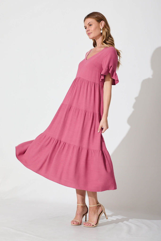 Kristen Midi Dress In Deep Rose Linen Blend - side