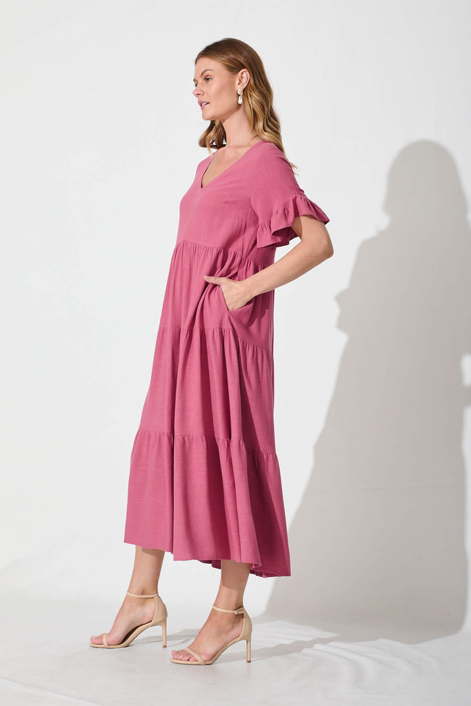 Kristen Midi Dress In Deep Rose Linen Blend - side