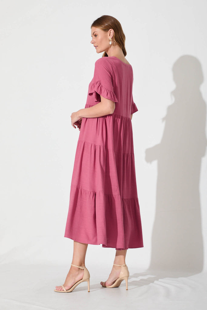 Kristen Midi Dress In Deep Rose Linen Blend - back