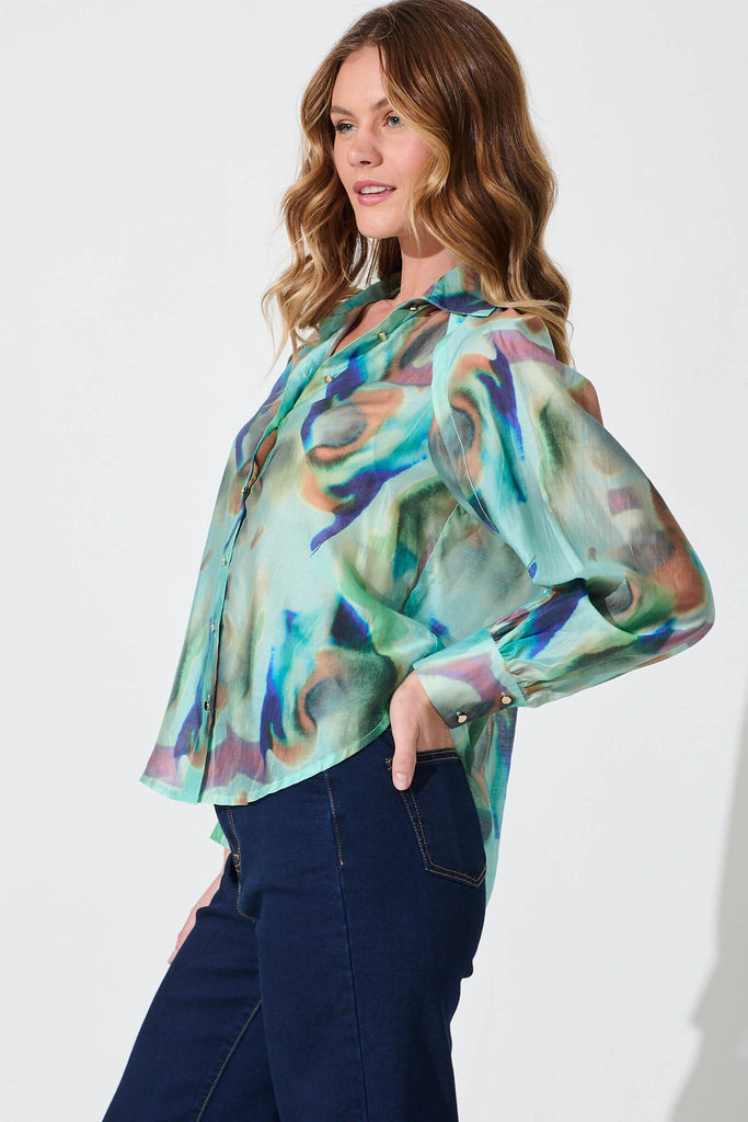 Antonia Shirt In Green With Multi Cotton Blend - side