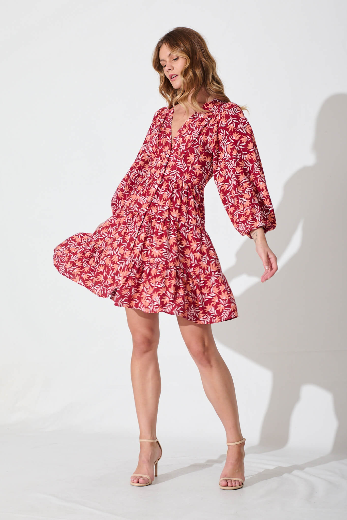 Abriella Dress In Rust With Multi Floral Print - full length