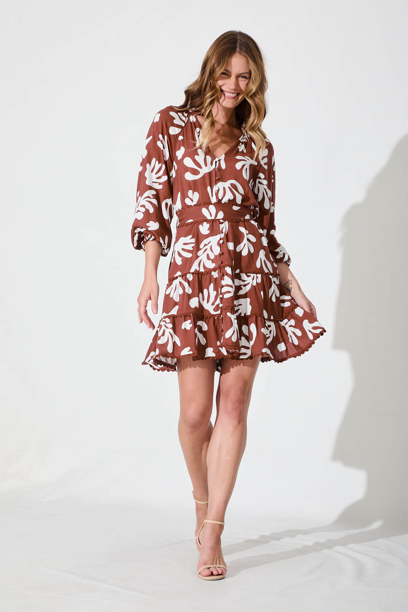 Jeanne Dress In Chocolate With White Print - full length