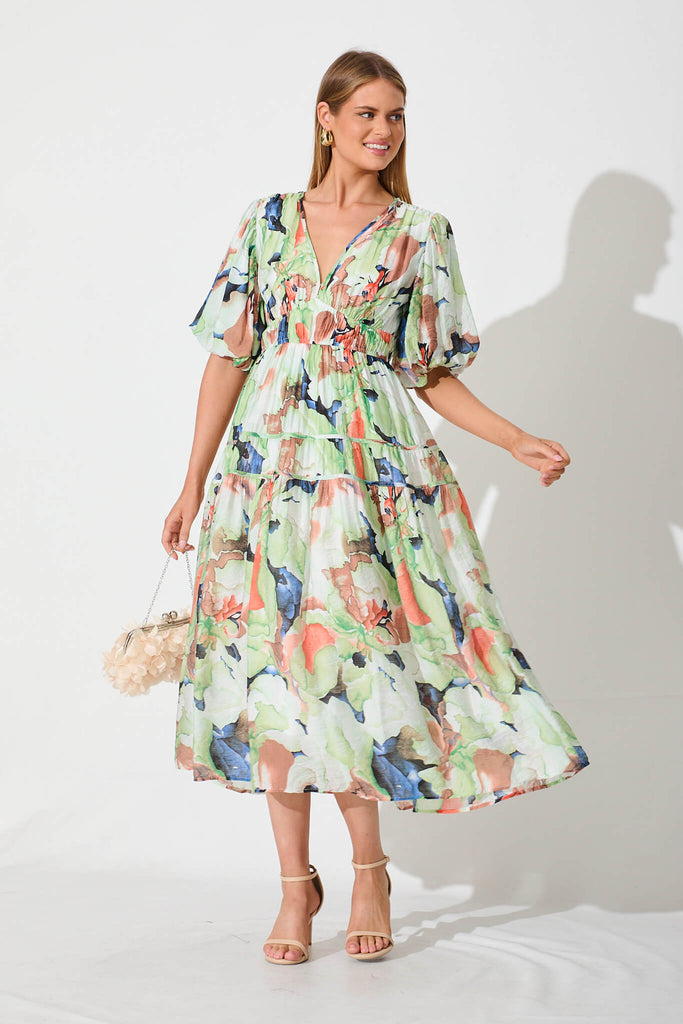 Amalie Midi Dress In Green And Multi Floral - full length