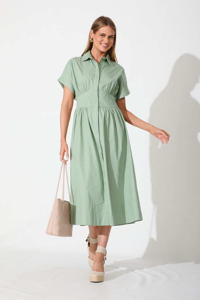 Cielo Midi Dress In Sage Green Cotton - full length