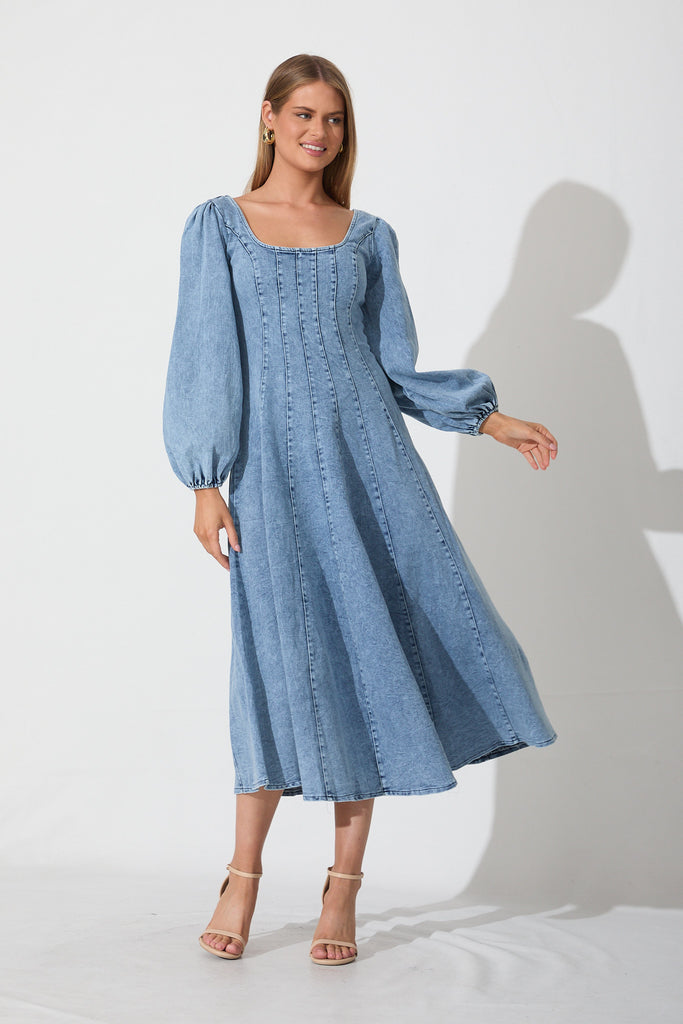 Cosmic Girl Midi Dress In Light Blue Denim Wash - full length