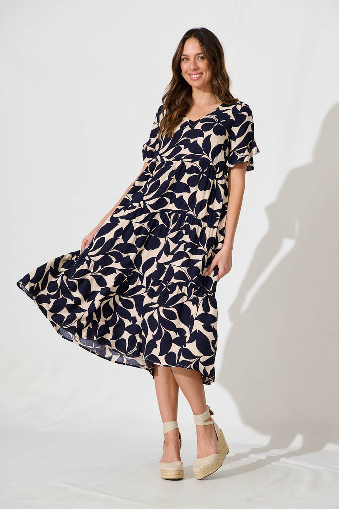 Kristen Midi Smock Dress In Beige With Navy Floral