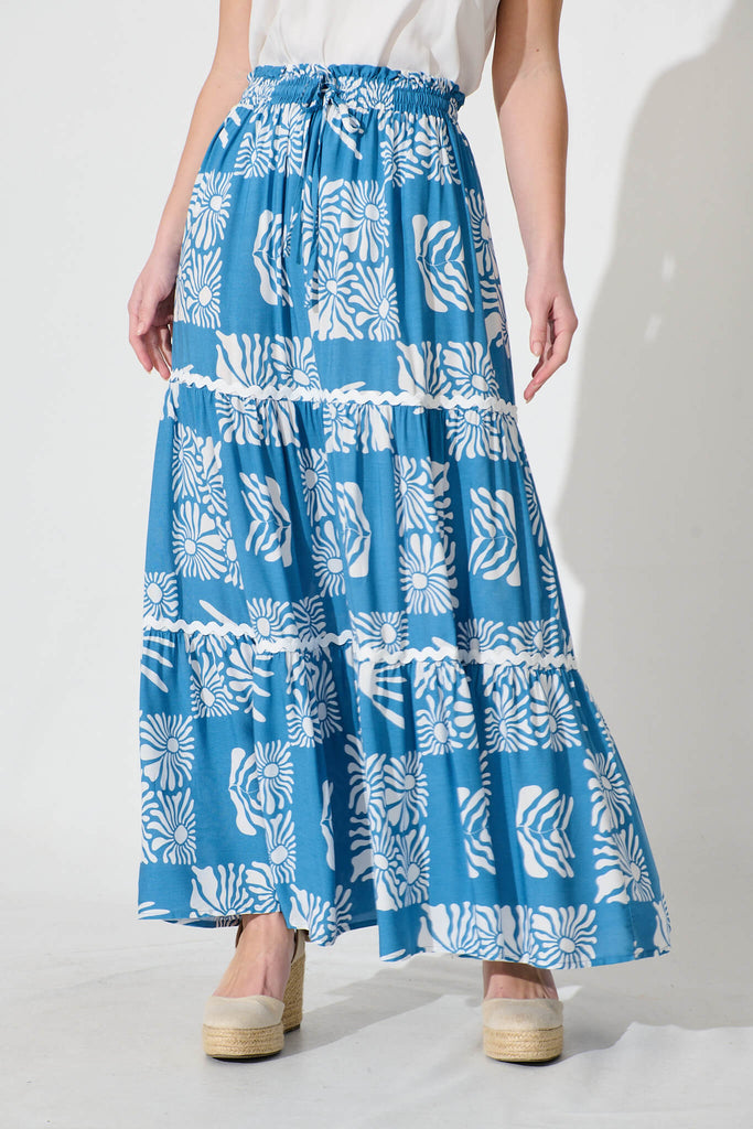 Minima Maxi Skirt In Blue Print With White Ric Rac Trim