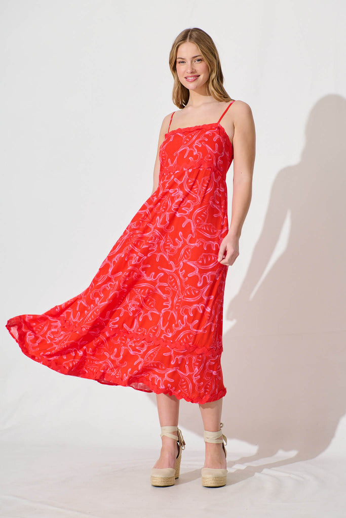 Nightbloom Maxi Sundress In Red Print With Ric Rac Trim