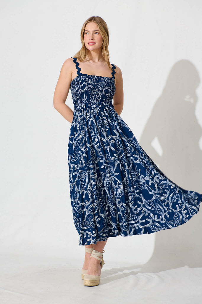 Mora Maxi Sundress In Navy Print Ric Rac Trim