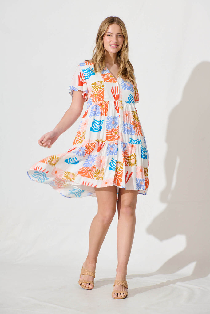 Edenvale Smock Dress In White Multi Print