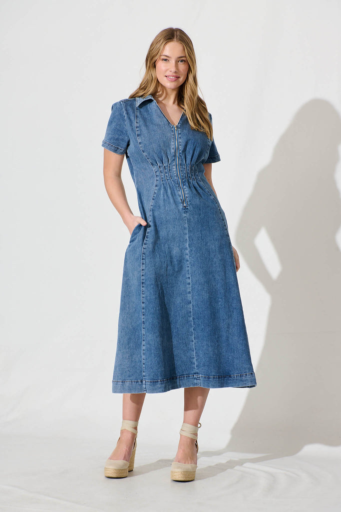 Adrianna Midi Dress In Mid Blue Denim