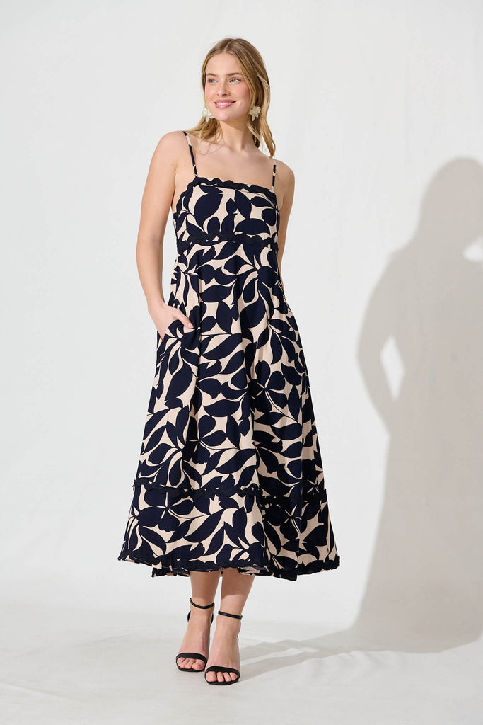 Nightbloom Maxi Sundress In Navy Leaf With Ric Rac Trim