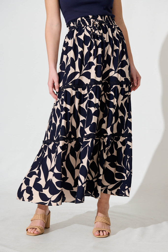 Arcadia Maxi Skirt In Navy Leaf With Ric Rac Trim