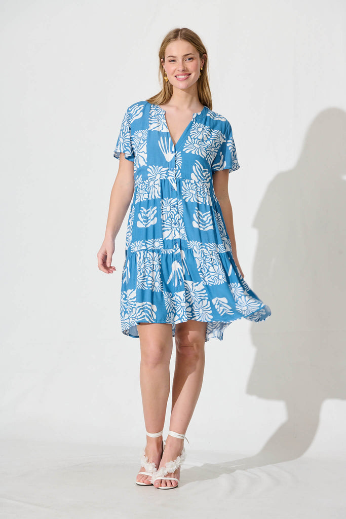 Edenvale Smock Dress In Blue And White Flower Print