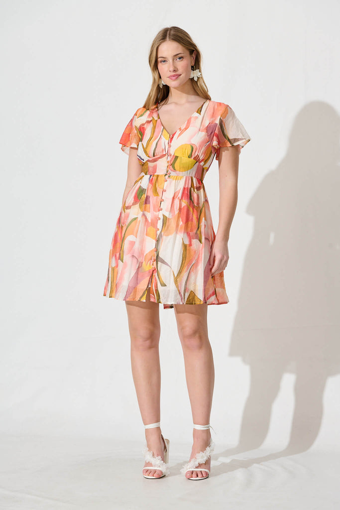 Josette Dress In White With Multi Apricot Floral