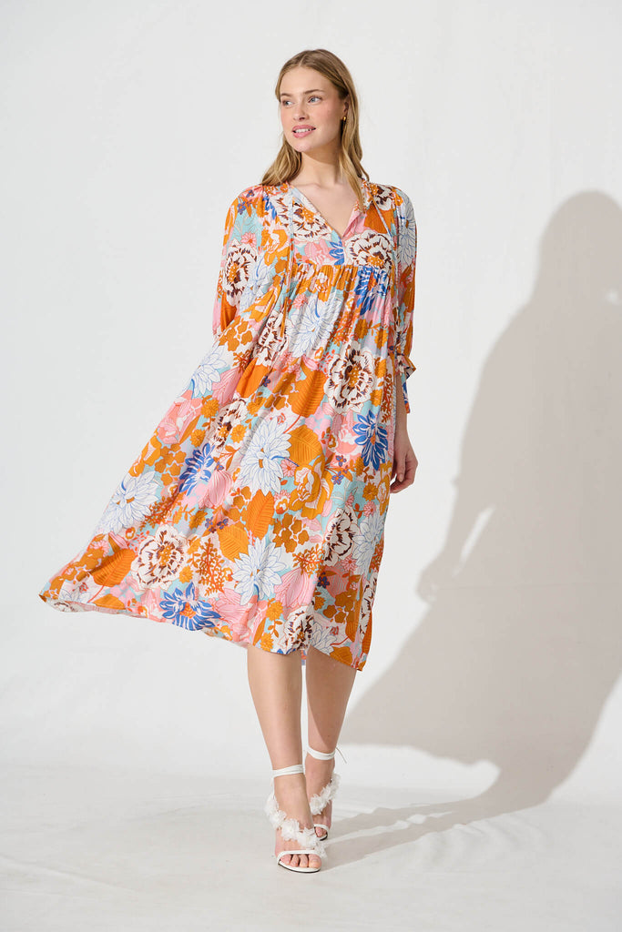 Spring Afternoon Midi Smock Dress In Orange Multi Floral